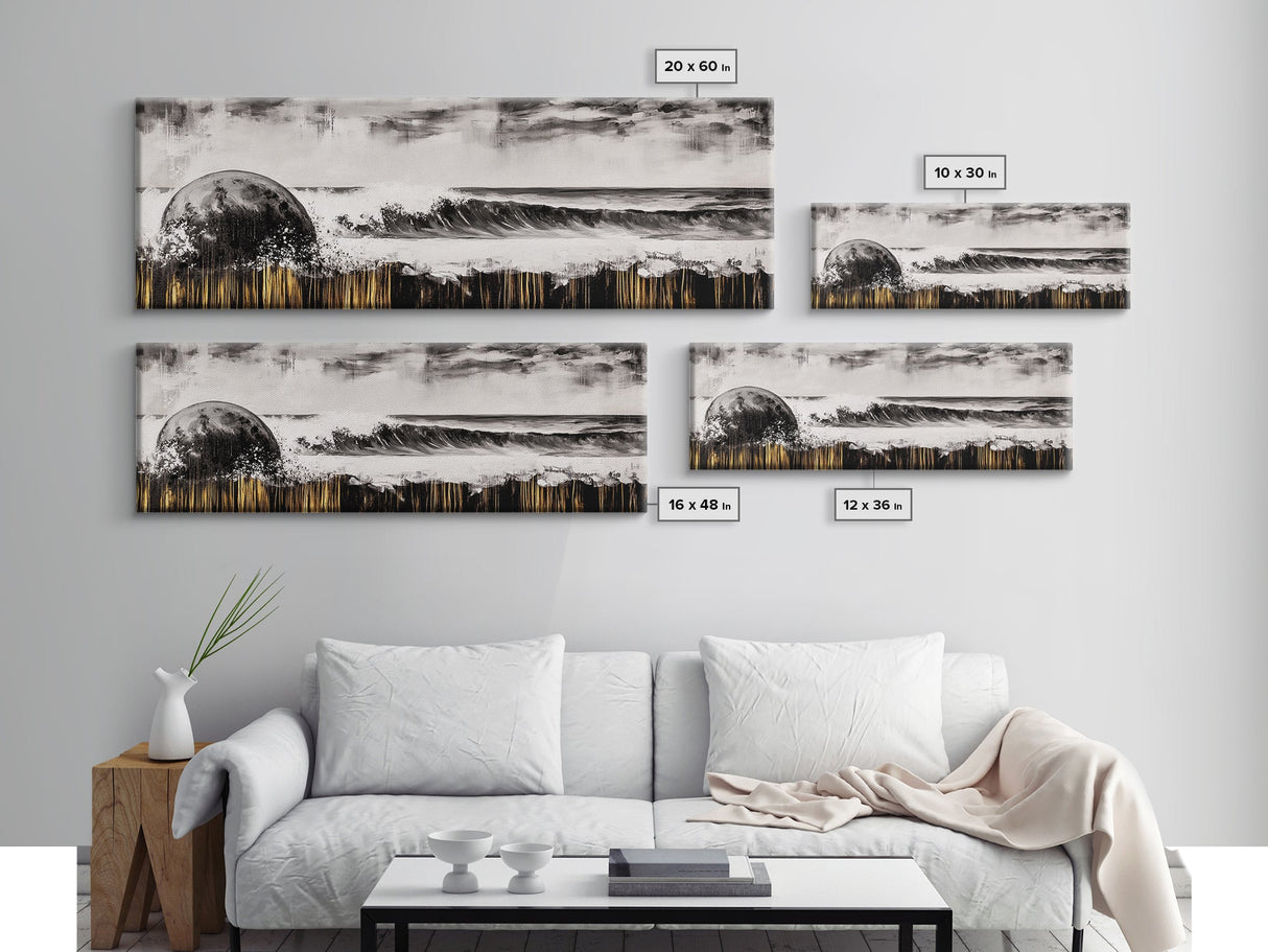 Surreal Ocean Art, Black and White Wave Print, Modern Seascape Painting, Coastal Wall Decor, Abstract Beach Canvas Print, Framed Canvas Print