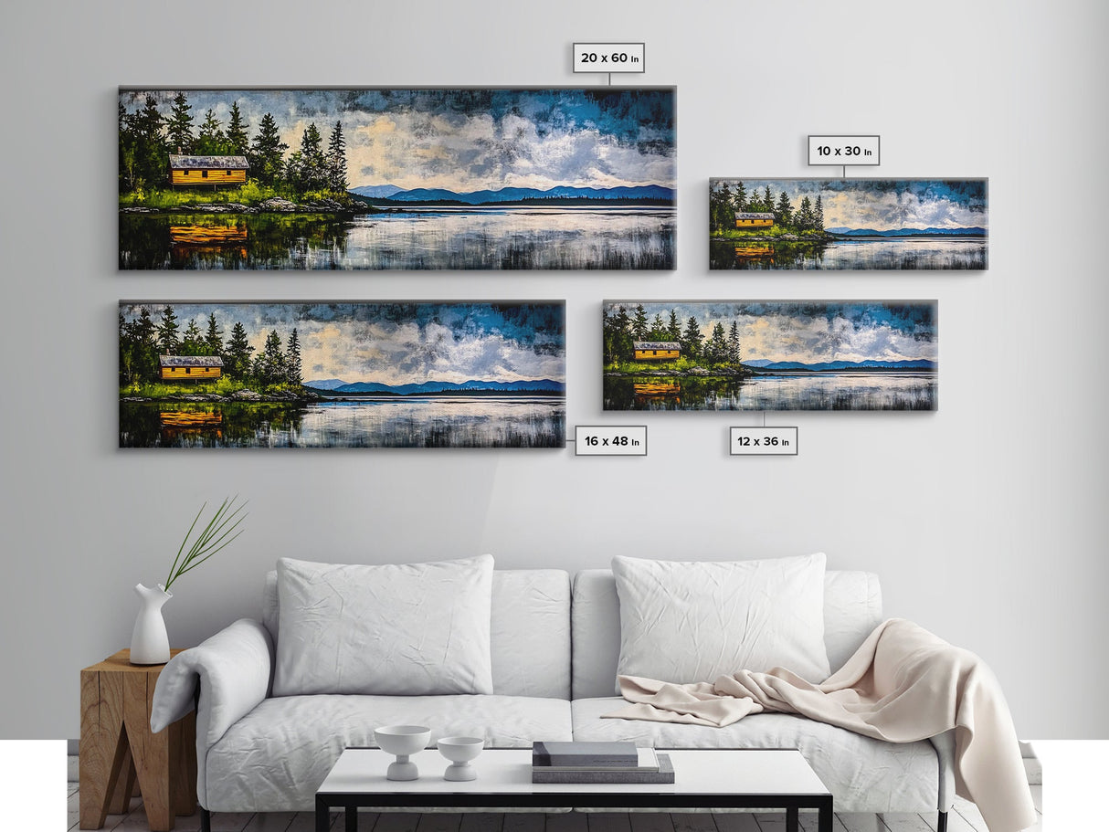 Cabin on the Lake, Peaceful Landscape, Nature Lover Art, Framed Canvas Print, Mountain View, Serene Wall Decor, Scenic Painting