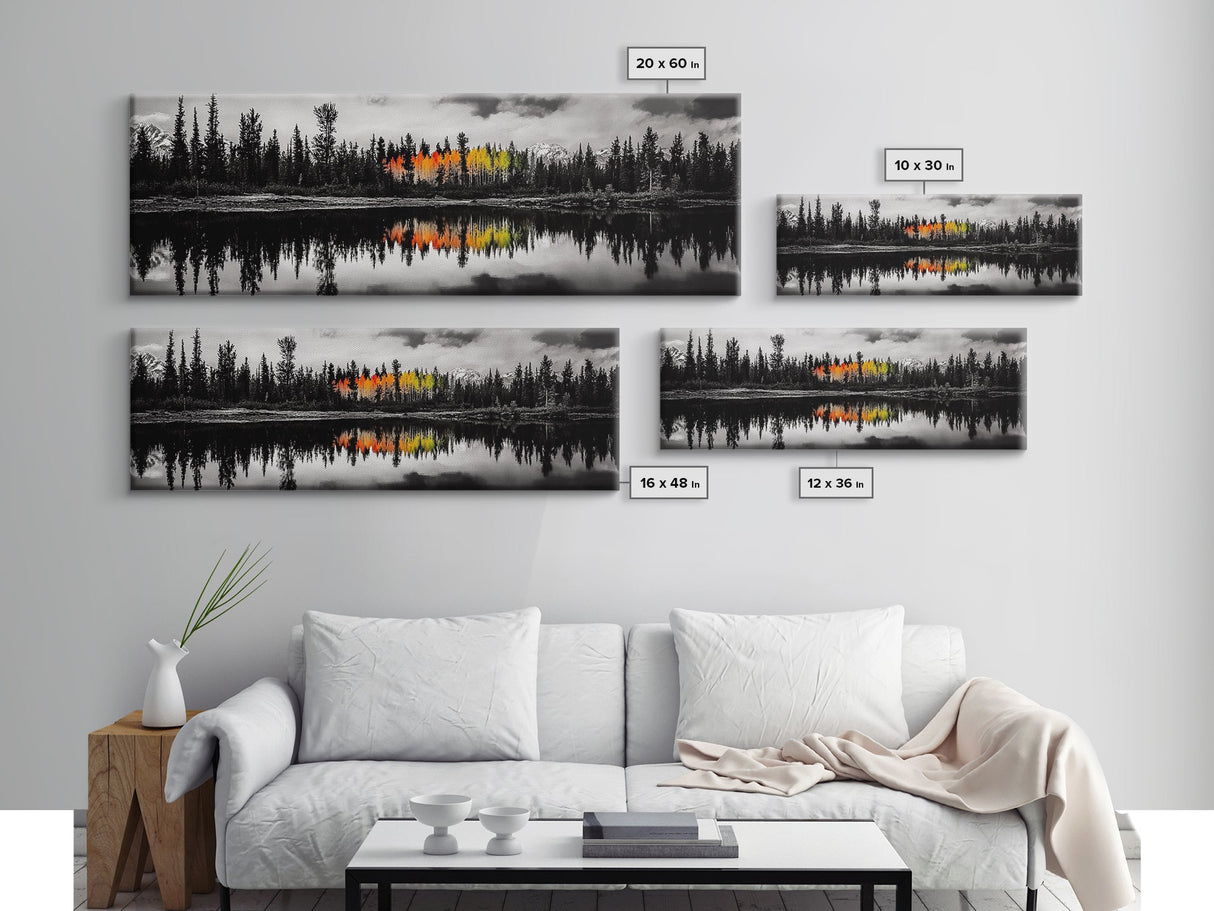 Fall Reflections, Black and White Forest, Vibrant Autumn Colors, Nature Photography, Living Room Wall Art, Canvas Print, Large Wall Art