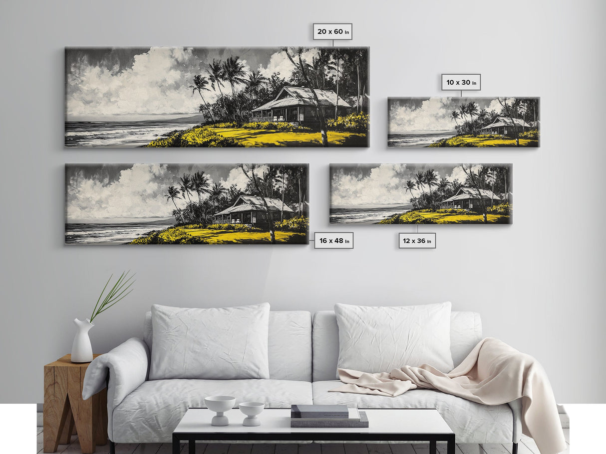Tropical Beach House, Coastal Landscape Painting, Black and White Palm Tree Print, Island Wall Decor, Relaxing Canvas Print, Framed Canvas Print