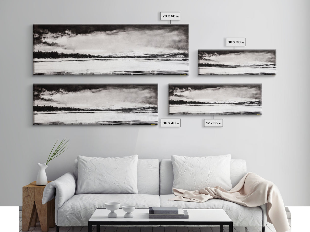 Snowy Lake Scene, Minimalist Landscape, Framed Canvas Print, Winter Wall Art, Serene Home Decor, Modern Office Art, Monochrome Nature Painting