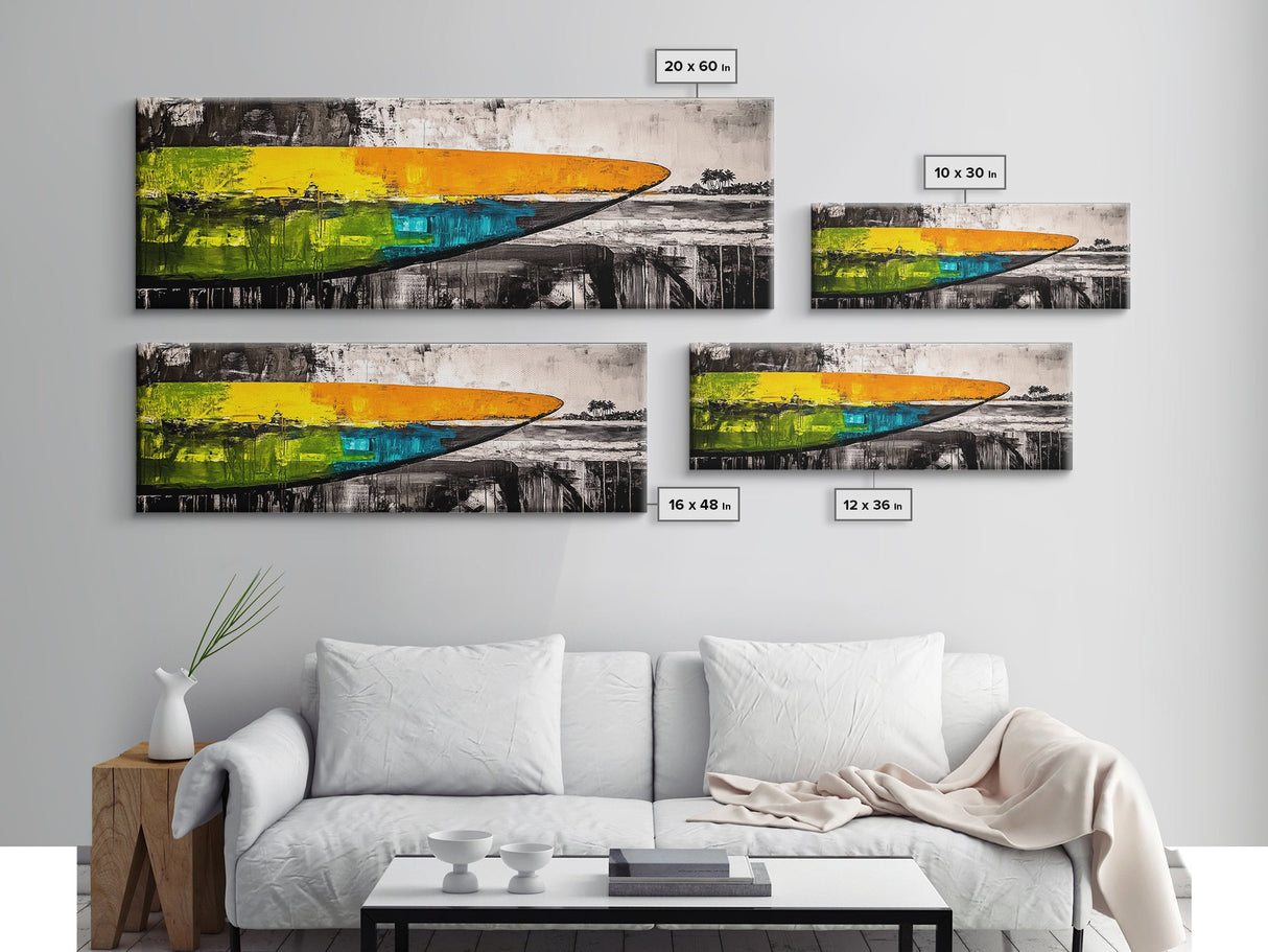 Abstract Surfboard, Bold Colors, Beach House Art, Framed Canvas Print, Tropical Wall Art, Coastal Decor, Boho Vibes, Surfing Gift
