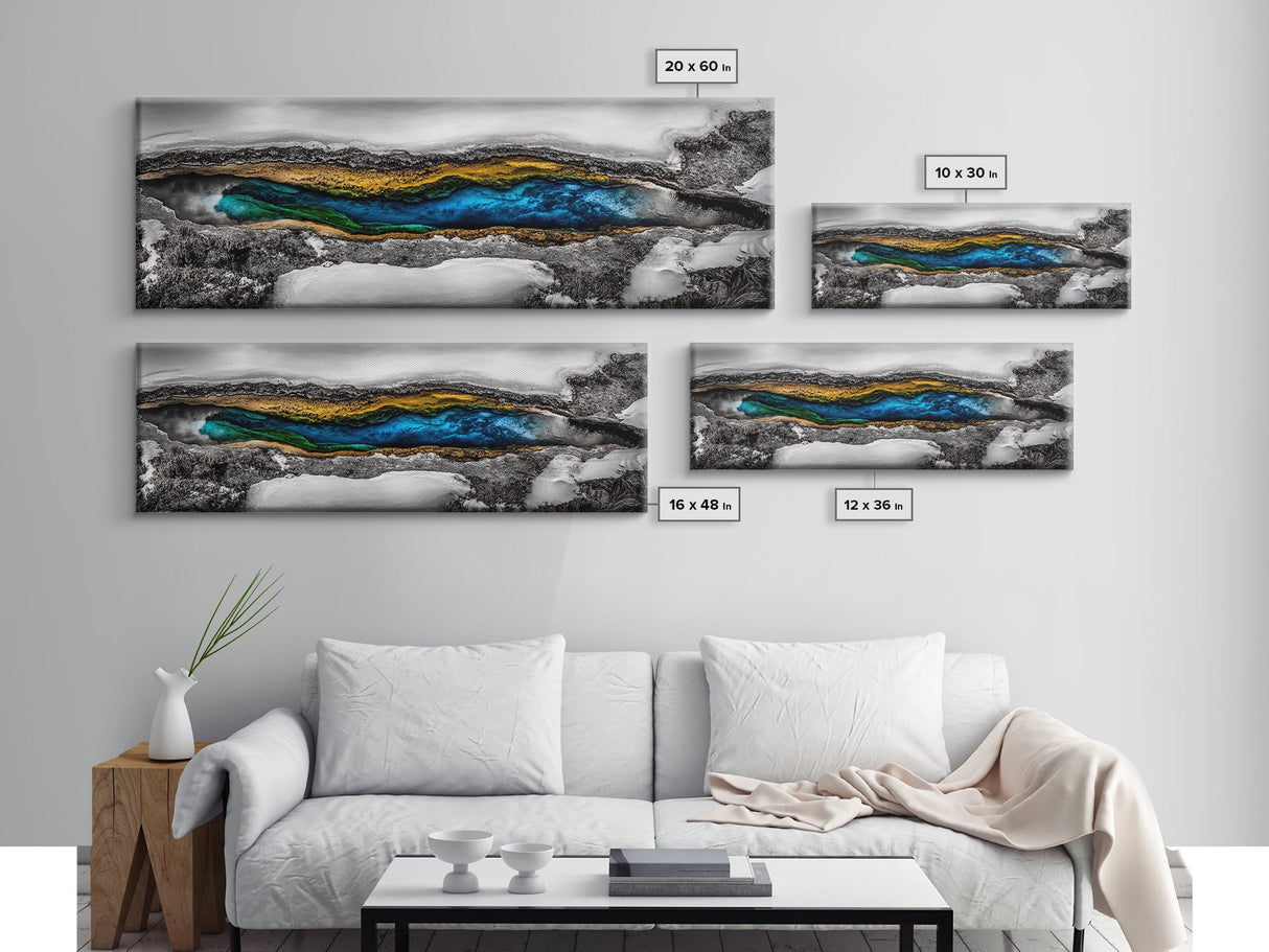 Hot Spring, Geothermal Pool Art, Abstract Nature, Deep Blue and Gold, Black and White Contrast, Unique Wall Decor, Framed Canvas Print
