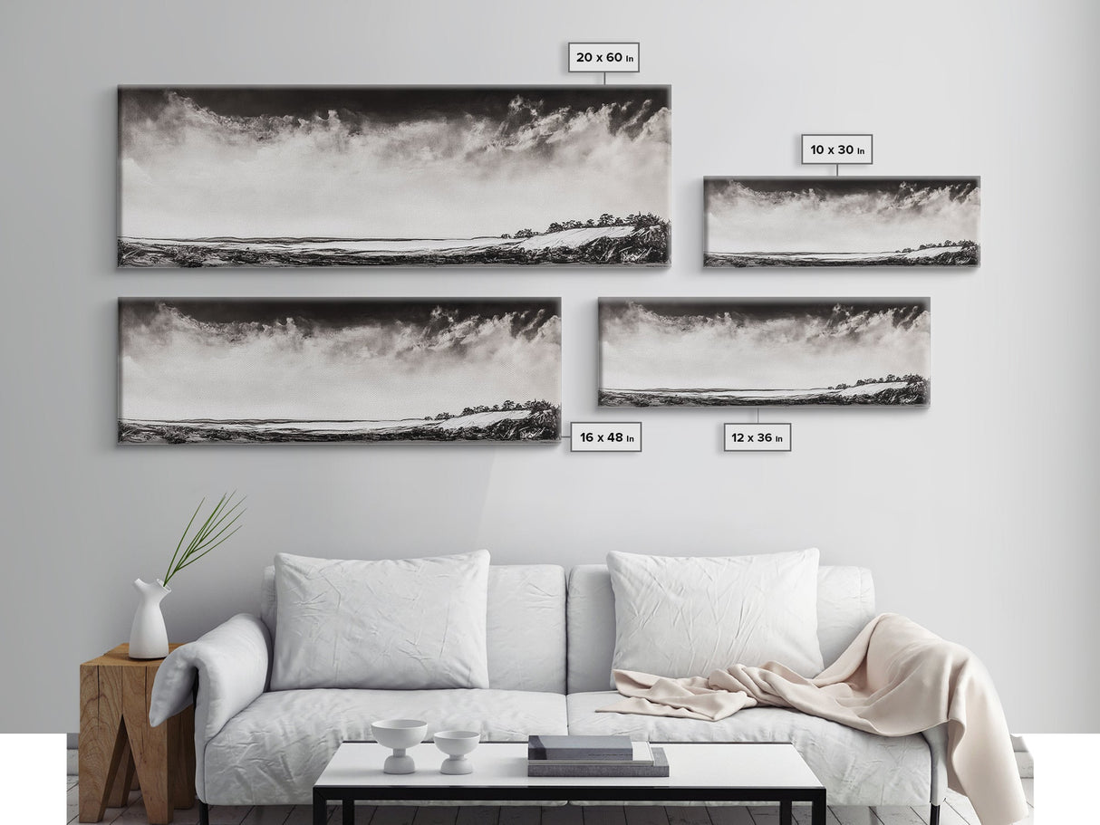 Minimalist Landscape, Black and White Art, Cloudy Sky, Framed Canvas Print, Modern Wall Art, Neutral Home Decor, Monochrome Landscape