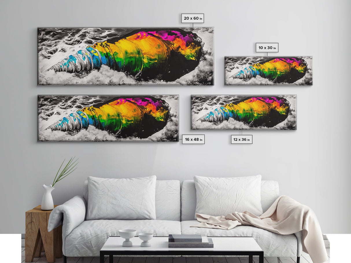 Vibrant Shell, Ocean Waves, Abstract Nautical, Canvas Print, Coastal Wall Decor, Colorful Beach Art, Living Room Accent, Unique Gift