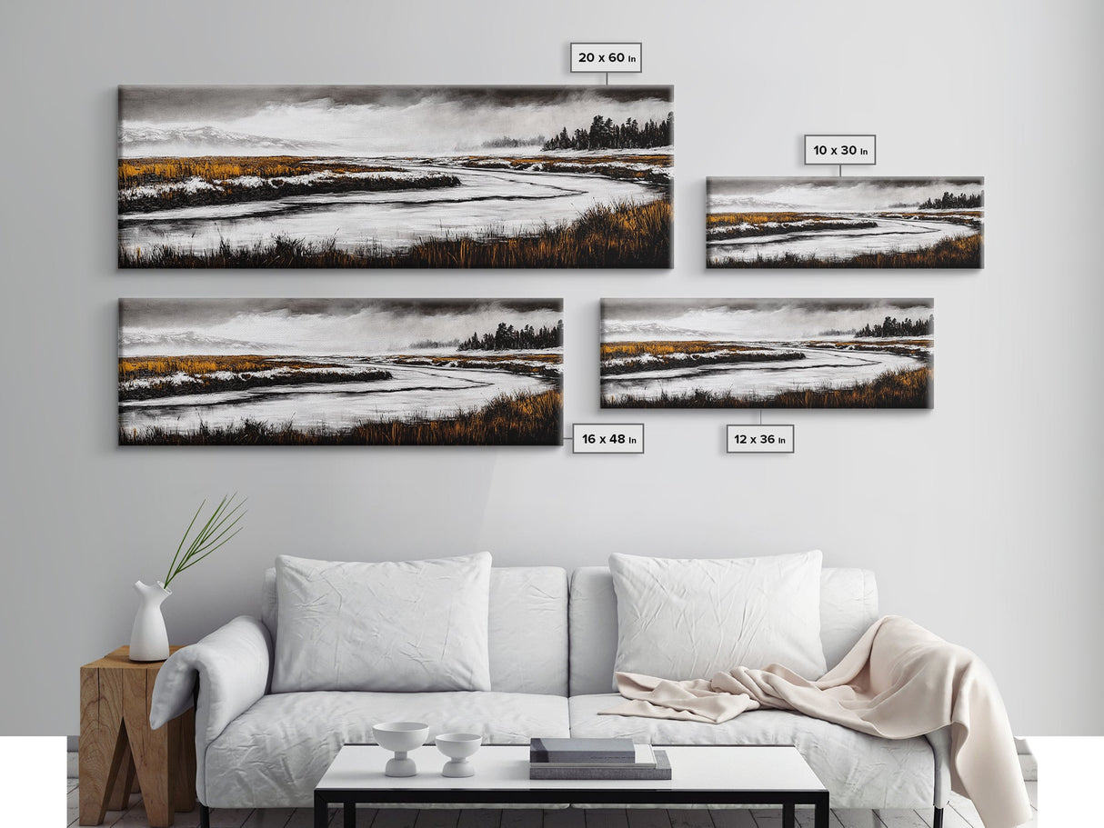 Snowy River Artwork, Mountain Landscape Painting, Rustic Winter Decor, Black and White Wall Art, Nature Print, Living Room Art, Canvas Print
