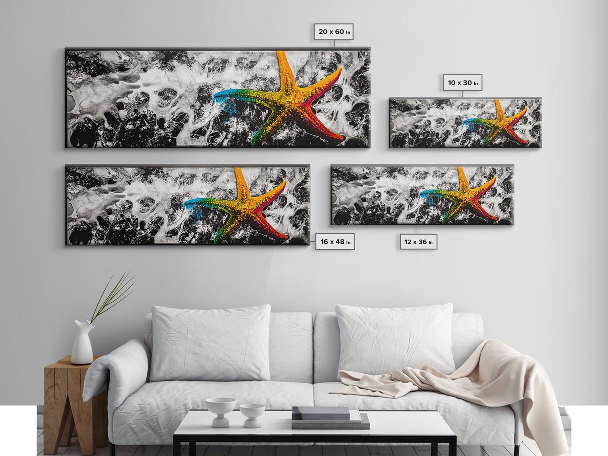 Starfish Abstract Painting, Coastal Beach Wall Art, Vibrant Ocean Decor, Tropical Statement Art, Modern Seascape Print, Framed Canvas Print
