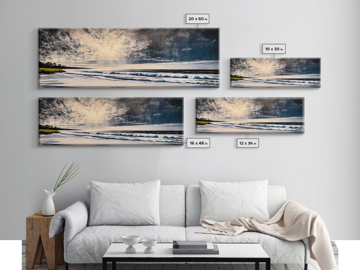 Moody Coastal Art, Stormy Ocean Painting, Dramatic Seascape Wall Decor, Nautical Home Artwork, Tranquil Beach Scene, Framed Canvas Print