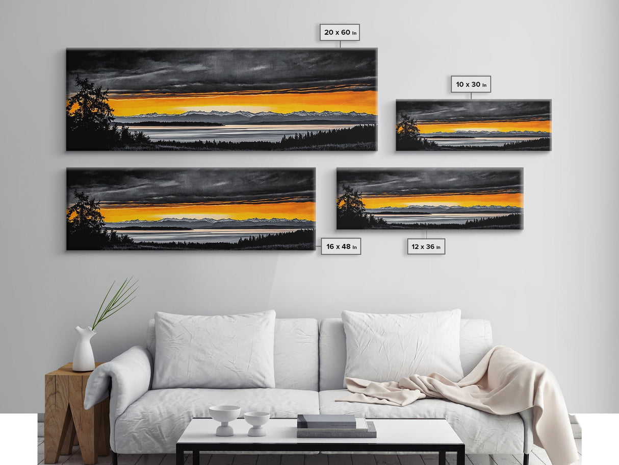 Sunset Over Mountains, Dramatic Landscape Art, Black and Yellow Wall Art, Bold Sky Painting, Nature Print, Office Wall Decor, Framed Canvas Prin
