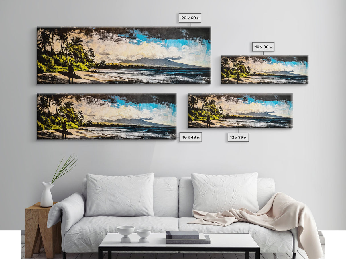 Surfer, Tropical Beach, Ocean, Sunset, Framed Canvas Print, Large Wall Art, Coastal Decor, Beach House, Modern Art, Living Room Wall Art