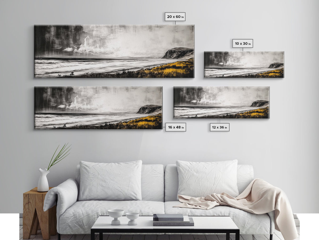 Rainy Coast, Moody Seascape, Black and White Art, Framed Canvas Print, Minimalist Wall Art, Beach House Decor, Ocean Landscape, Large Art