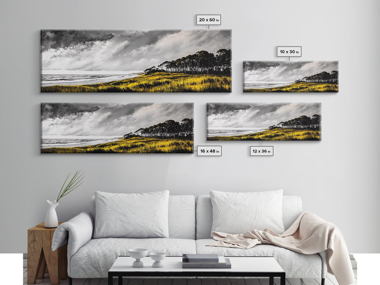 Coastal Serenity, Yellow Field, Stormy Sky, Canvas Print, Ocean Landscape, Beach House Art, Modern Nature Painting, Living Room Wall Decor