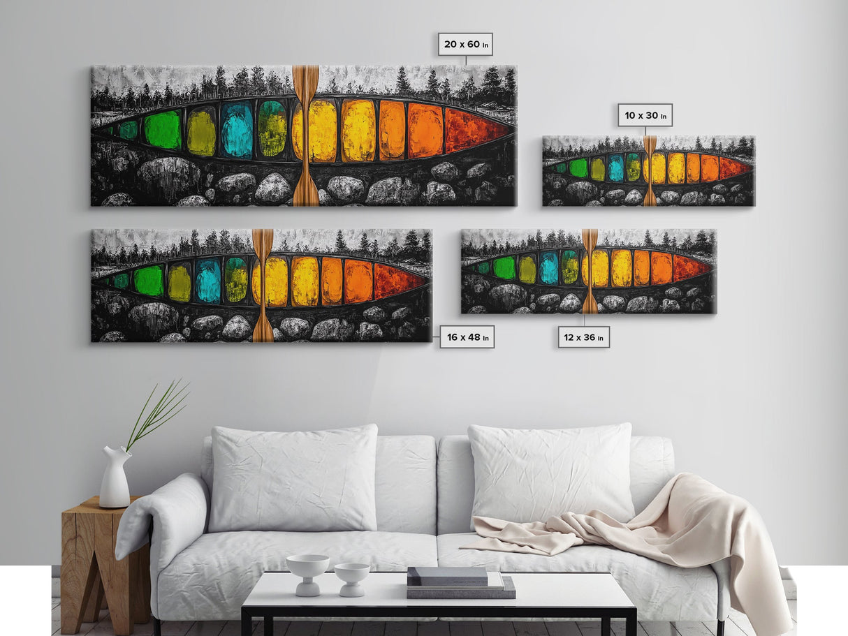 Vibrant Canoe, Modern Nautical Art, Bold Color Wall Art, Canvas Print, Abstract Adventure Art, Boho Aesthetic, Rustic Lake House Decor