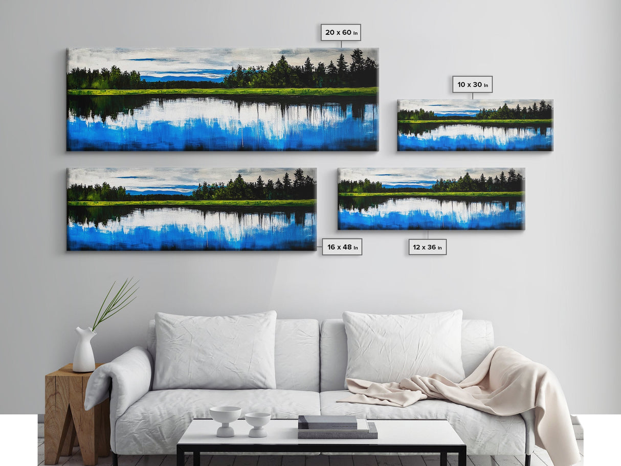 Lake Reflection, Blue Sky, Green Landscape, Framed Canvas Print, Large Wall Art, Nature Painting, Office Decor, Living Room Wall Art