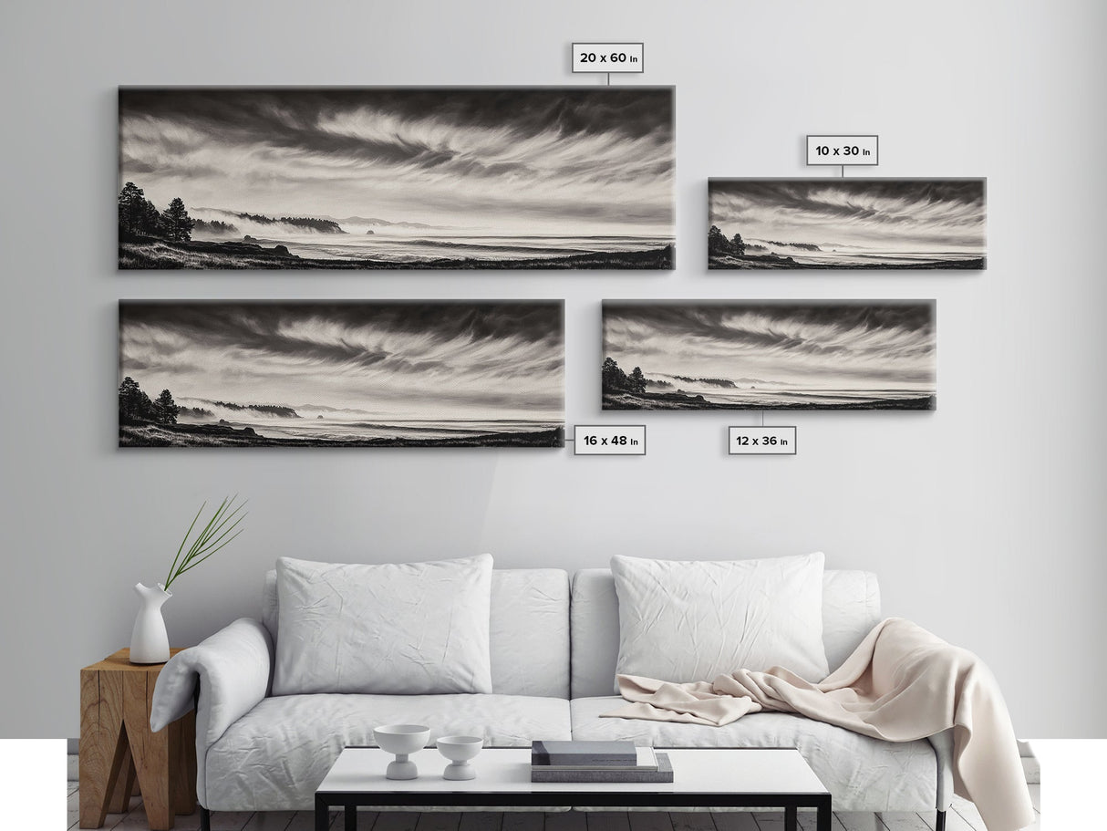 Ocean Waves, Stormy Sky, Dramatic Clouds, Canvas Print, Black and White Landscape, Coastal Wall Art, Living Room Decor, Minimalist Painting
