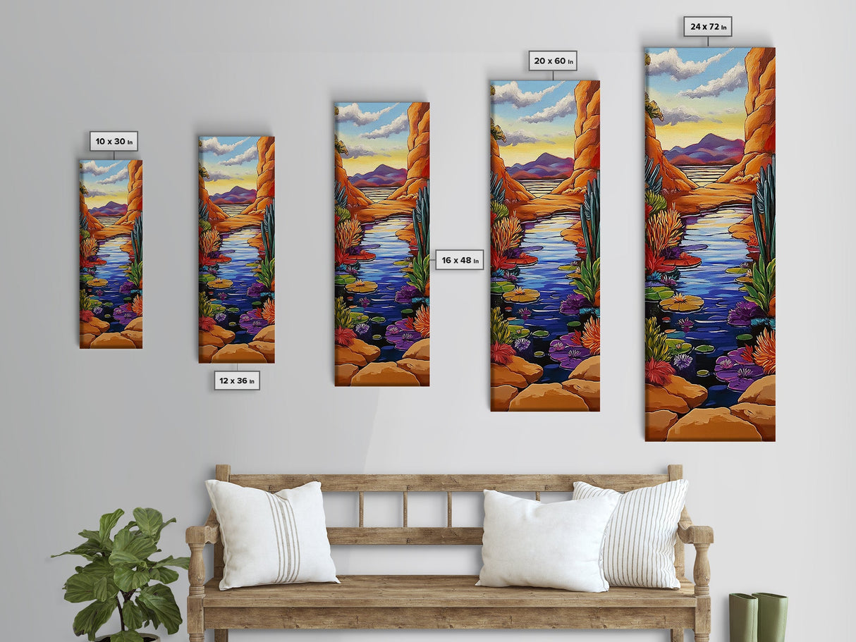 Pond Lilies, Canyon Scene, Framed Canvas Print, colorful lily pond canyon art, desert blooms, bold nature painting, dining room wall art