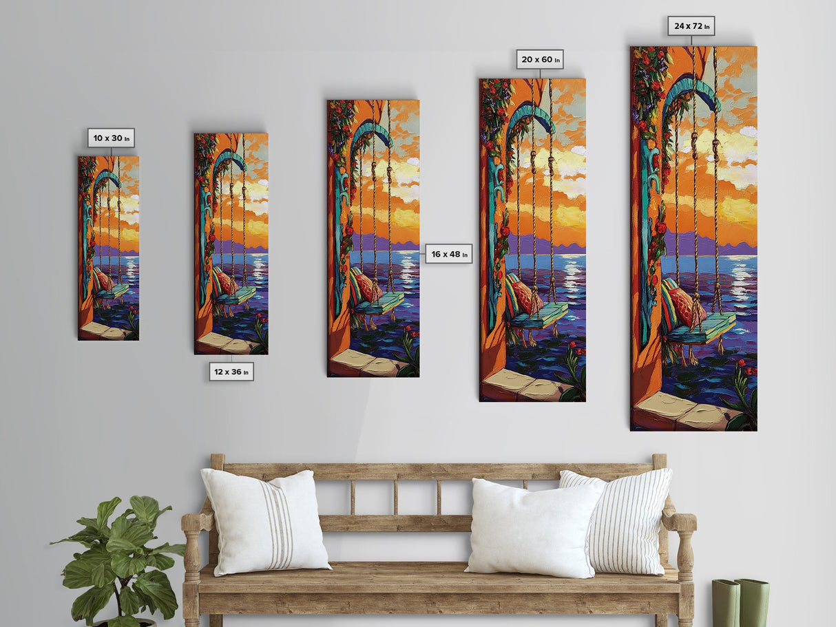 Swing Balcony, Sunset Painting, Framed Canvas Print, cozy seaside, balcony swing view, dreamy boho home decor, tropical romantic sunset wall art