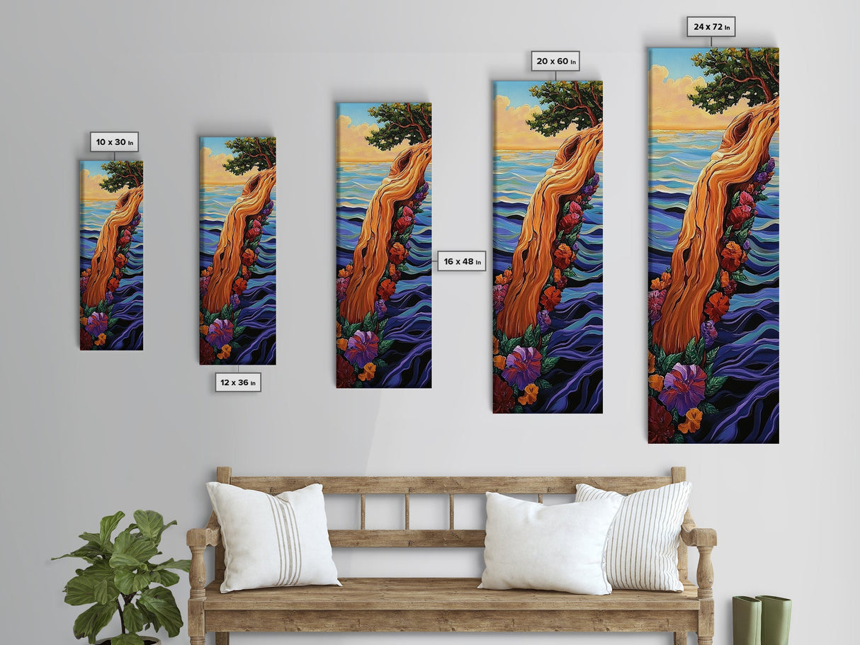 Driftwood Tree, Ocean Flowers, Nature Fantasy, Framed Canvas Print, colorful whimsical beach art, botanical art, coastal living room decor