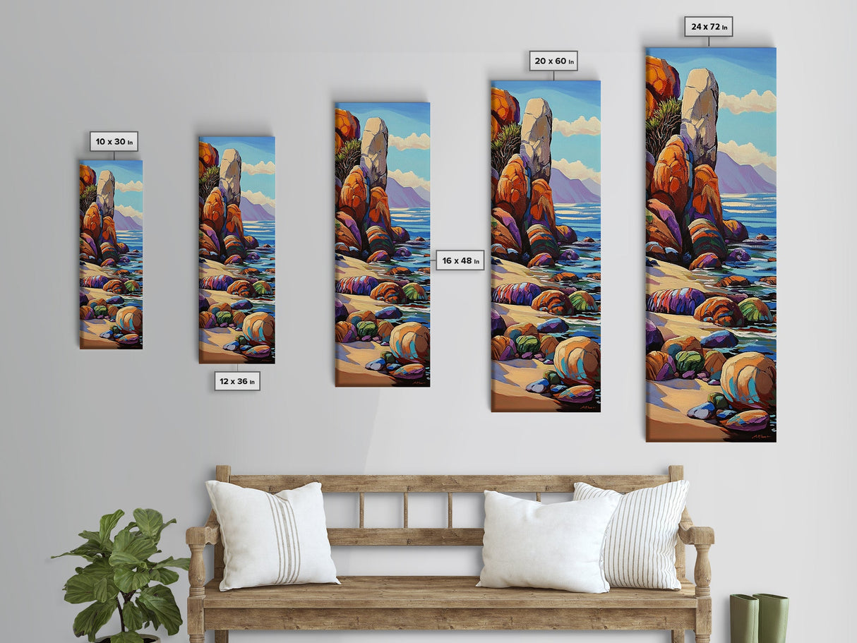 Coastal, Rocks, Ocean, Desert Scene Canvas Print, Bold Color Seascape, Nature Inspired Wall Art, Beach House Decor, Bohemian Art Style