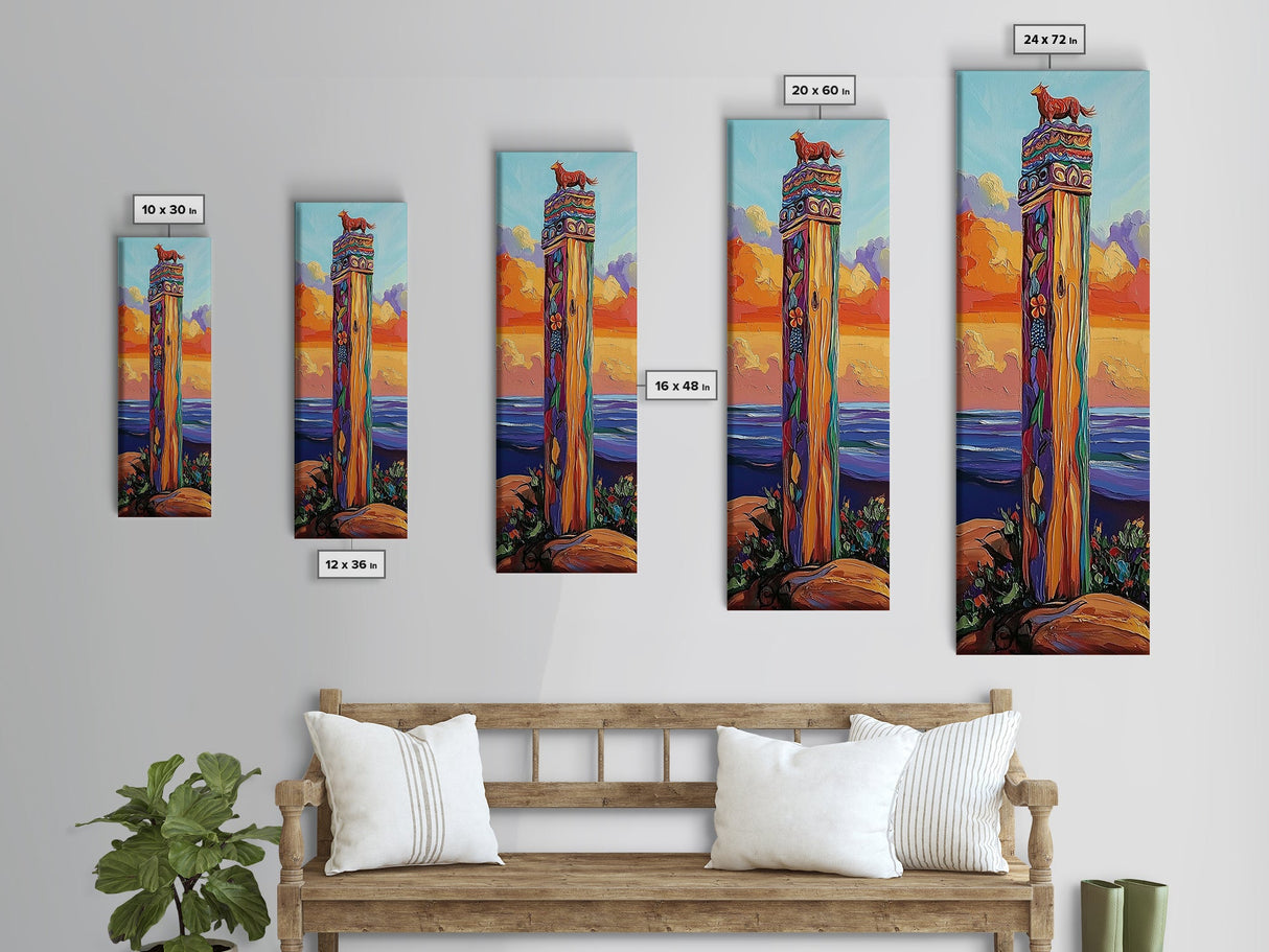 Totem, Ocean, Sunset, Whimsy - Framed Canvas Print, Coastal Totem Wall Art, Whimsical Beach House Decor, Colorful Folk Art Living Room Style
