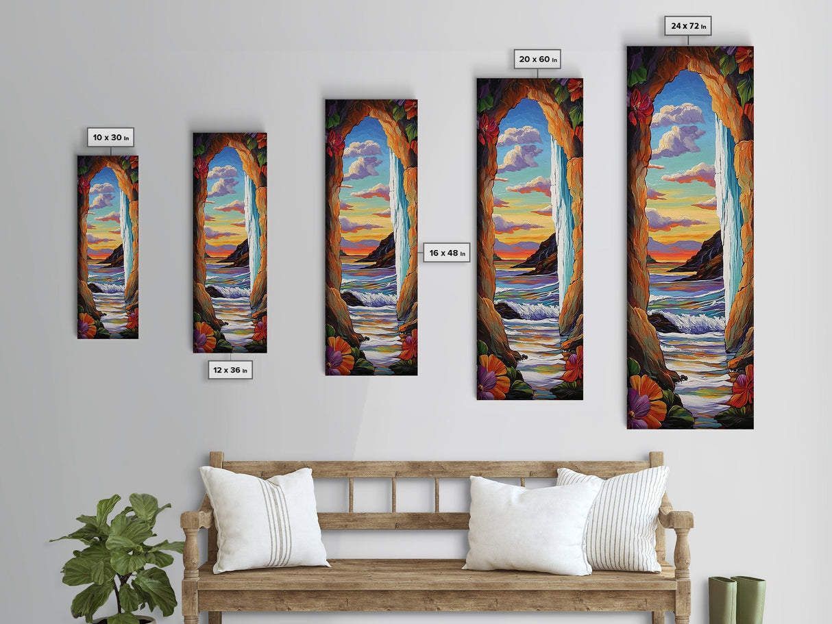 Ocean, Sunset, Archway, View, Framed Canvas Print, Coastal wall decor, tropical beach art, vibrant living room painting, boho landscape style