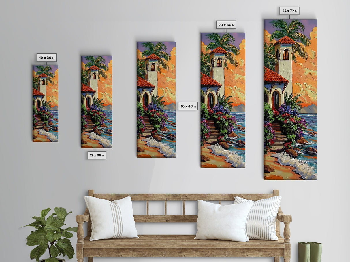 Seaside, Villa, Sunset, Palms, Framed Canvas Print, Coastal tropical wall art, beach house decor, boho living room painting, colorful home vibes