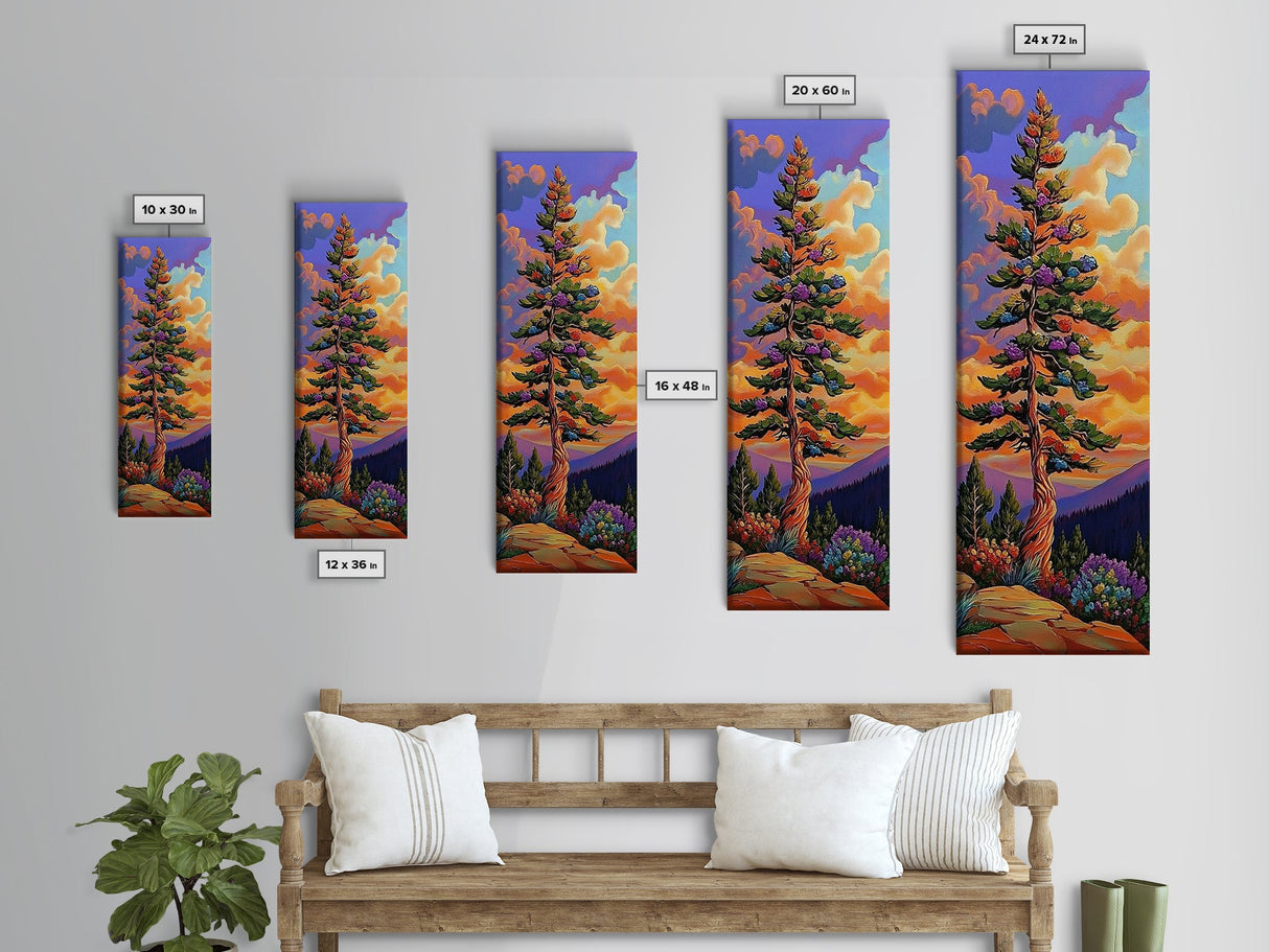 Tree, Mountain, Sunset, Forest, Canvas Print, magical forest tree painting, vibrant mountain sunset wall art, whimsical boho nature decor