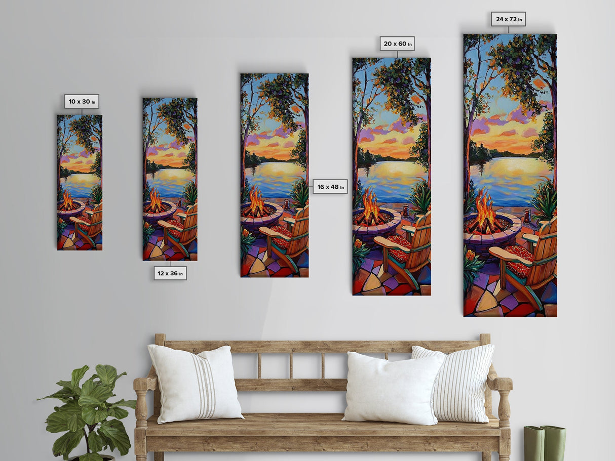 Campfire, Sunset, Retreat, Outdoors, Framed Canvas Print, Cozy Patio Wall Art, Autumn Landscape Decor, Rustic Cabin Vibes, Warm Living Room Art