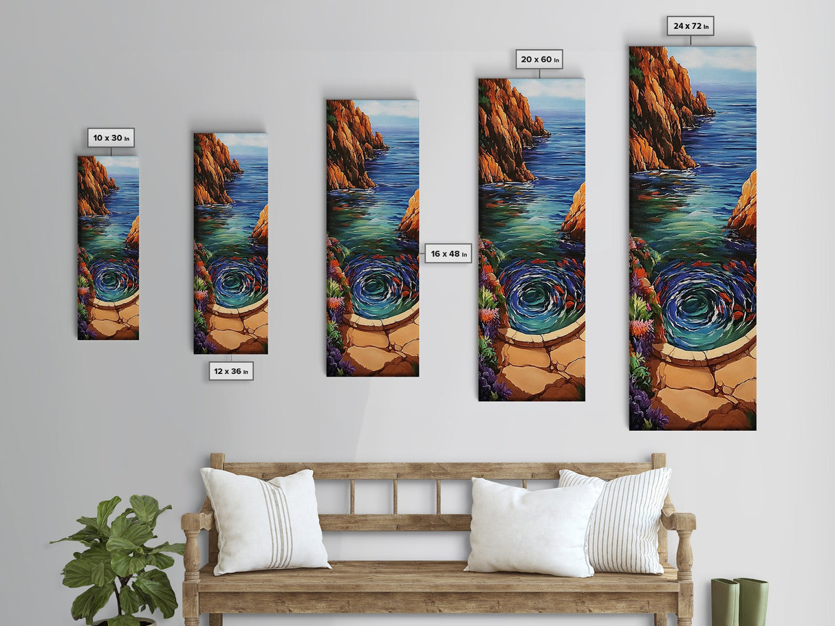 Ocean, Vortex, Cliffside, Landscape, Framed Canvas Print with ocean whirlpool, mystical seascape, fantasy art, coastal bathroom wall art