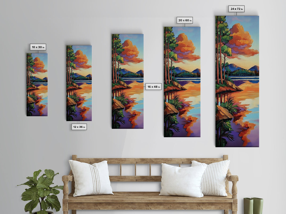 Lake, Pines, Sunset, Art, Framed Canvas Print of forest lakeside at golden hour, tranquil nature art, cozy cabin wall decor, Fall vibes