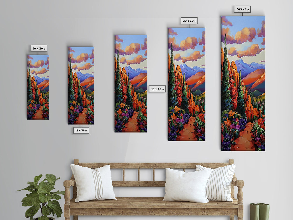 Desert, Mountains, Bold, Colors, Framed Canvas Print with red rock trail, southwest boho decor, hallway art, vibrant mountain landscape