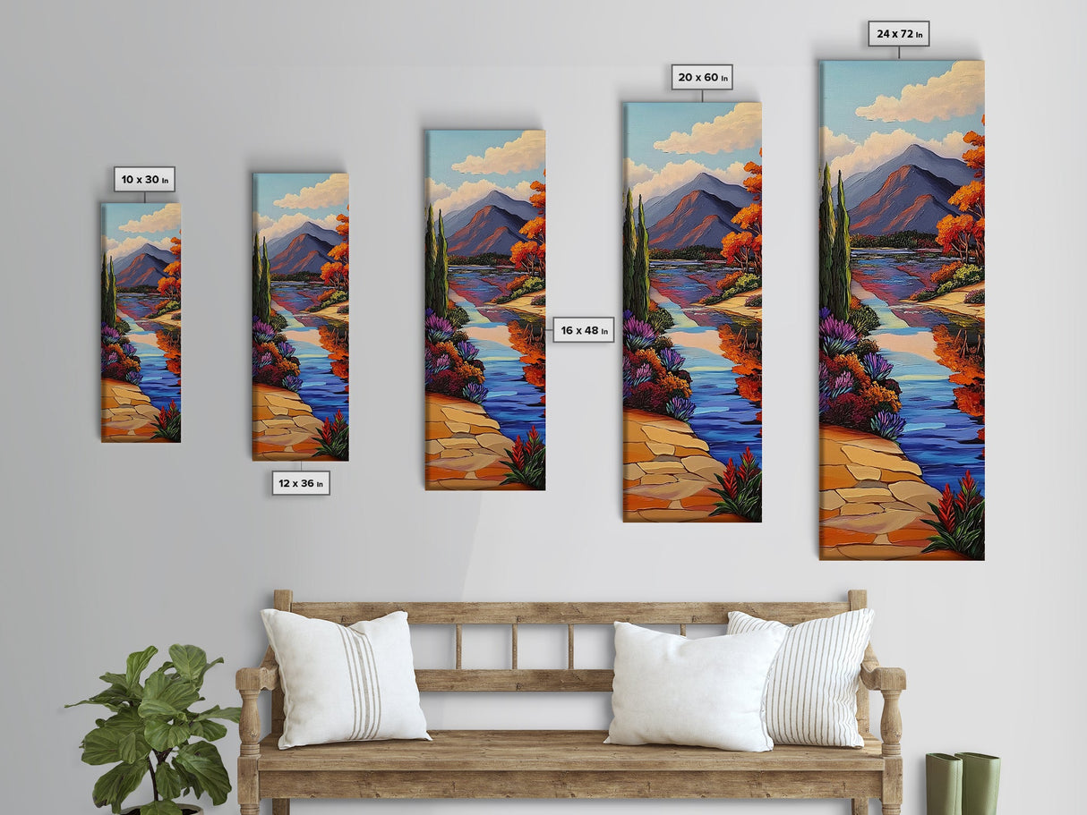 Scenic, Autumn, River, Tranquility, Framed Canvas Print with colorful fall reflections, rustic country wall art, cabin art, office decor