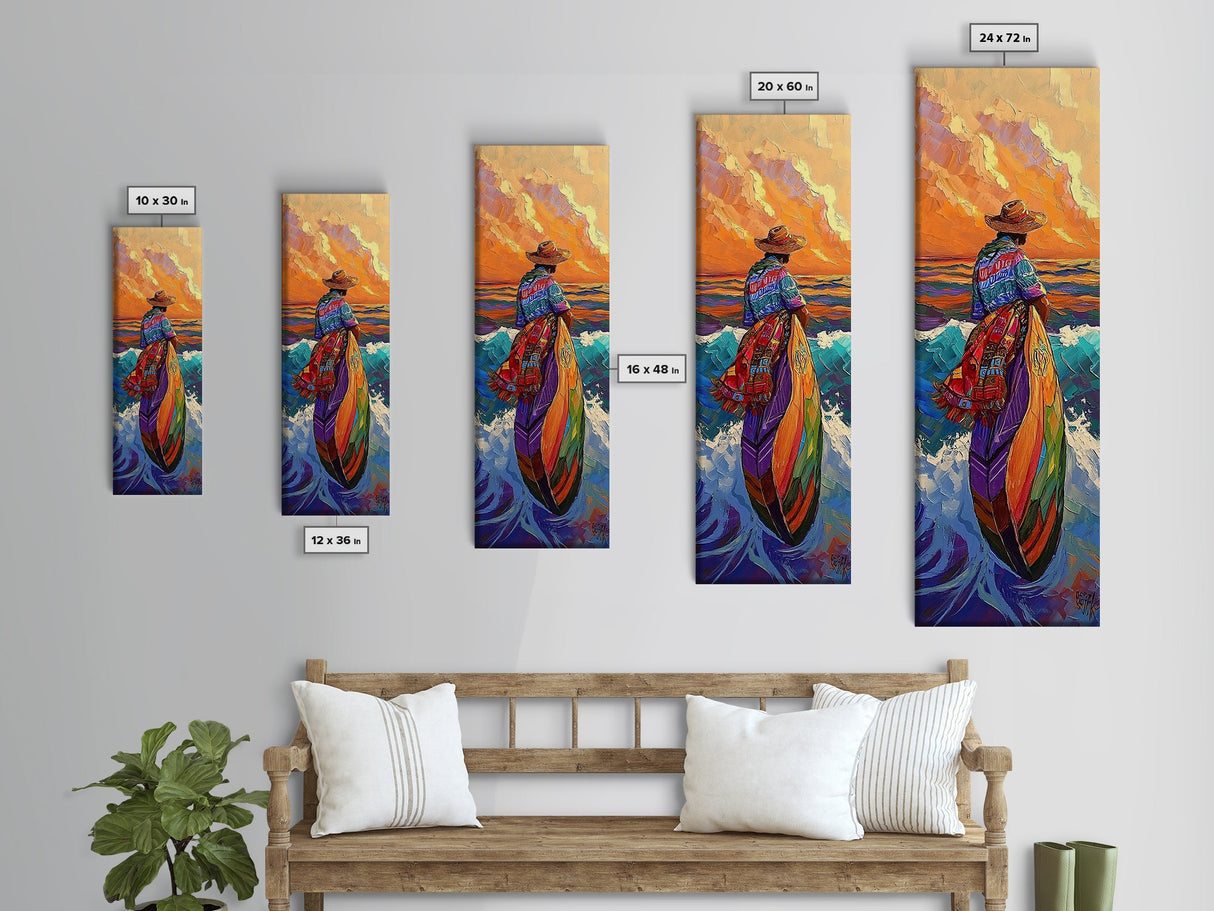Woman, Sunset, Canoe, Vibrant Mexican Sunset Canvas Print, Latin American Decor, Living Room Wall Art, Bohemian Coastal Painting