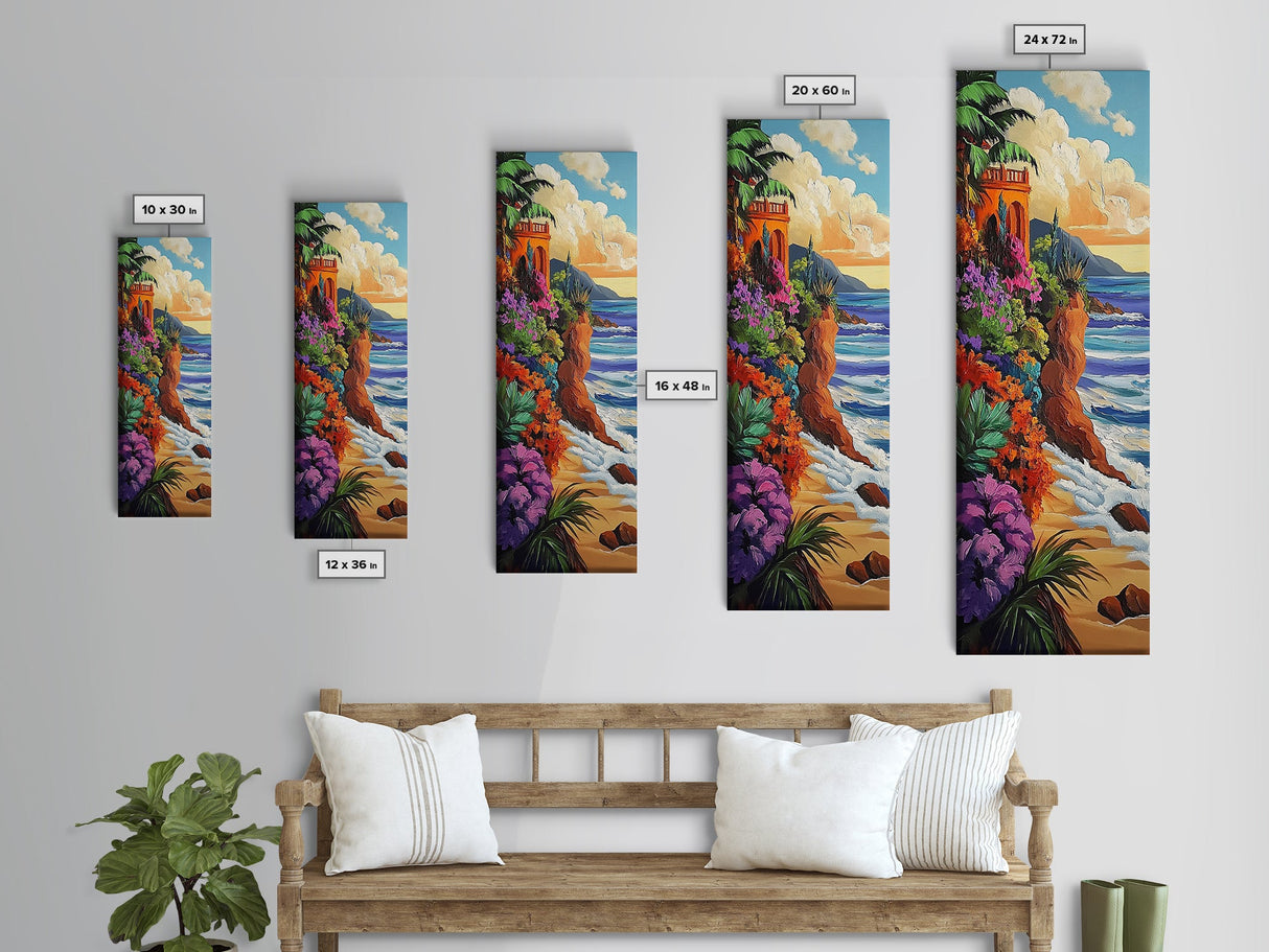 Ocean, Flowers, Cliff, Sunset, Framed Canvas Print, Vibrant Coastal Landscape, Dining Room Wall Art, Colorful Beachside Decor
