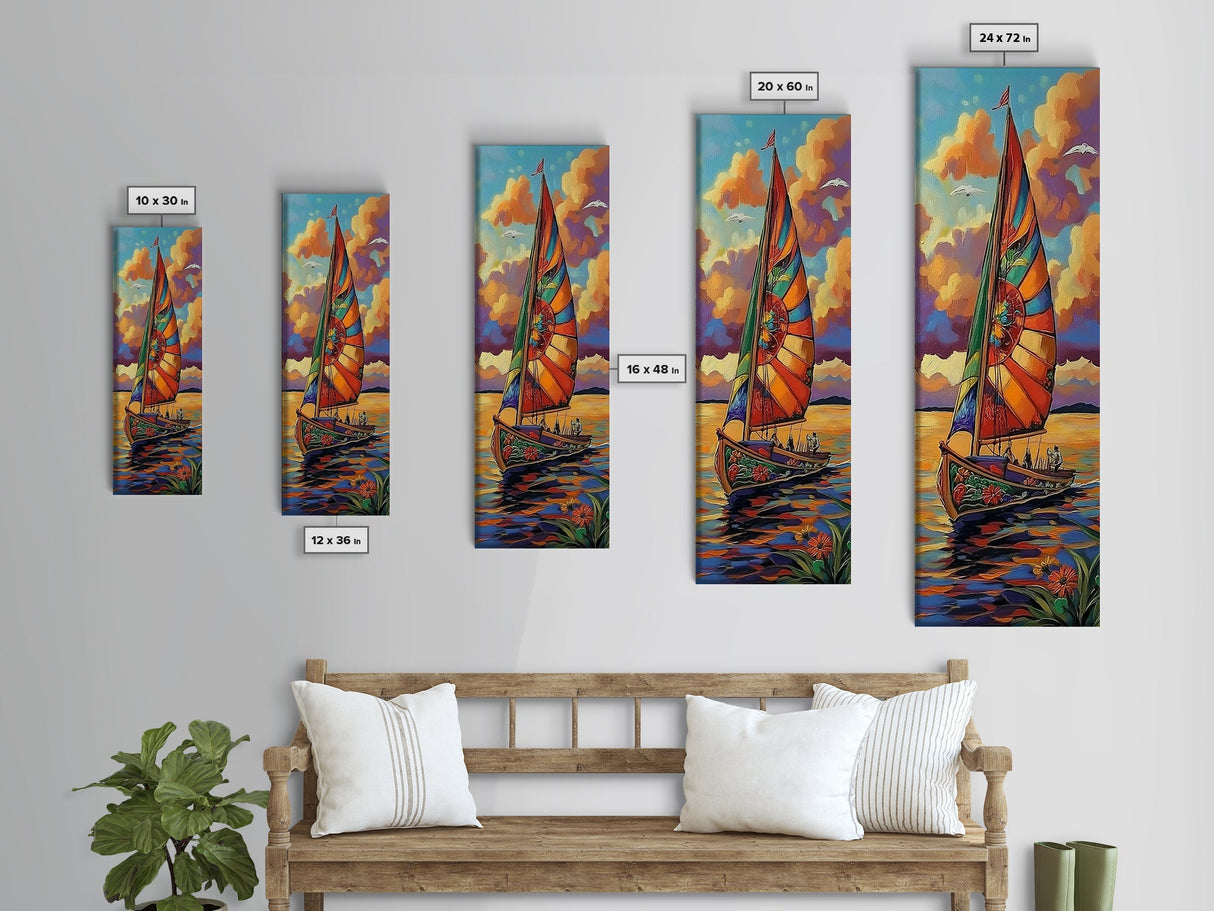 Sailboat Sunset, Nautical Colors, Coastal Adventure Wall Art, Tropical Summer Decor, Beach House Style, Framed Canvas Print