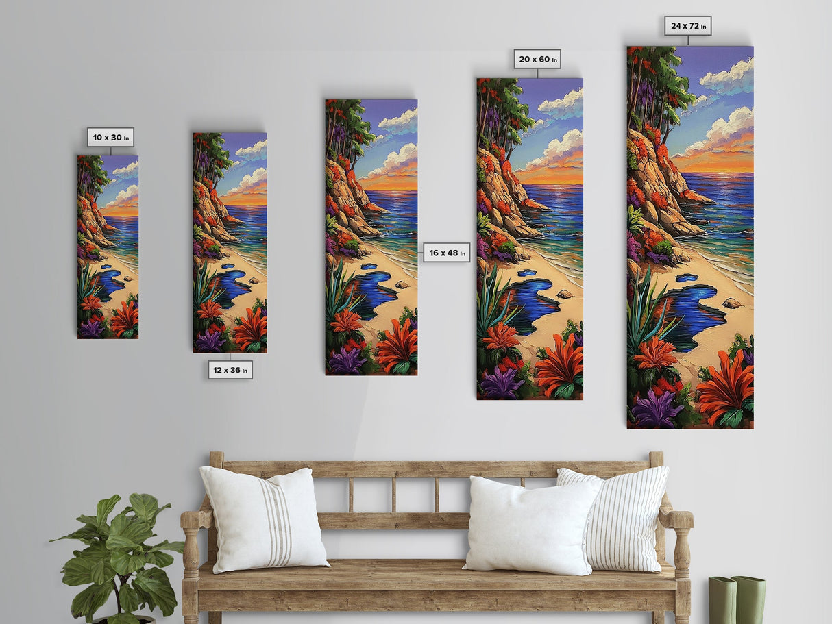 Secluded Beach, Tropical Cliffs, Colorful Coastal Nature Art, Summer Getaway Style, Ocean View Decor, Framed Canvas Print