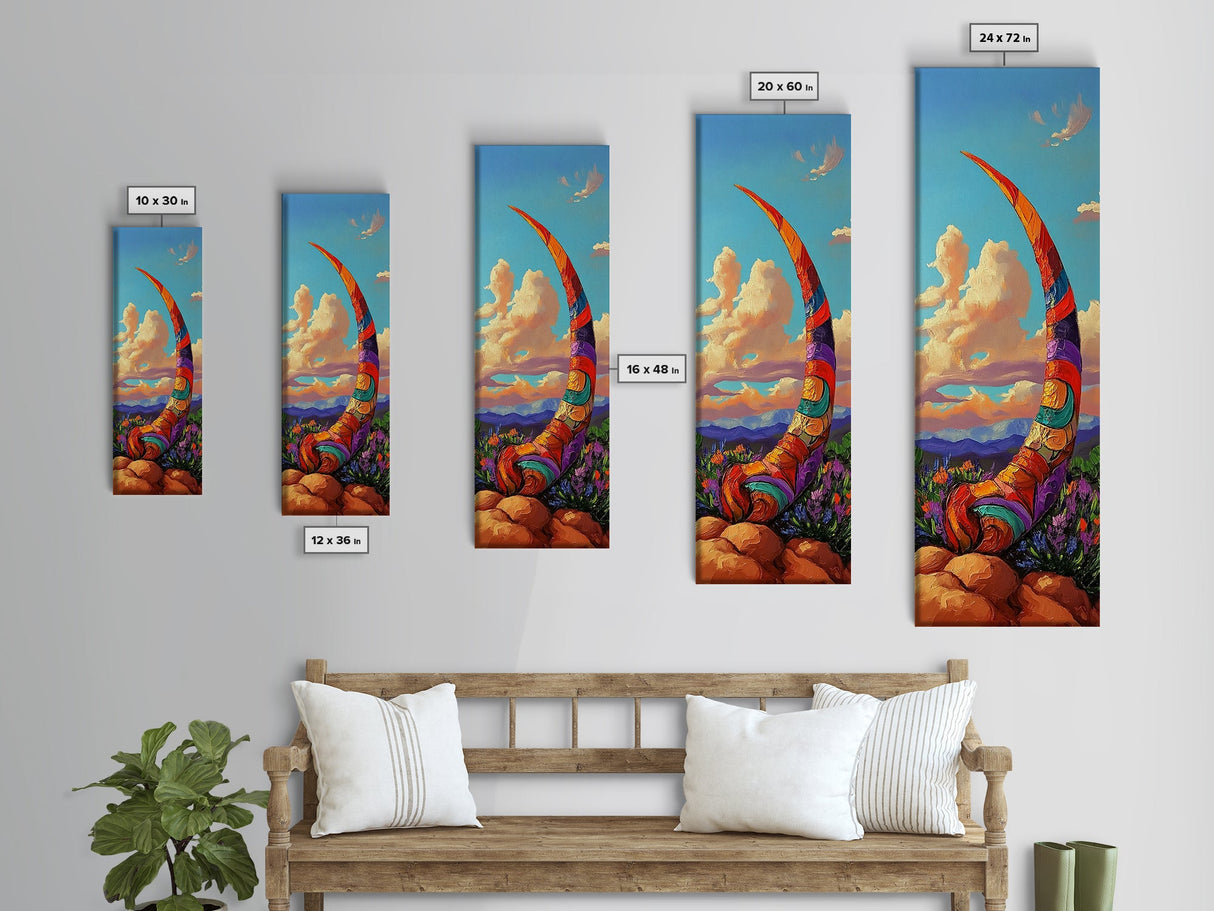Horn, Abstract, Desert, Vibrant Desert Horn Framed Canvas Print, Surreal Boho Wall Art, Rustic Southwest Decor, Meditation Room Accent