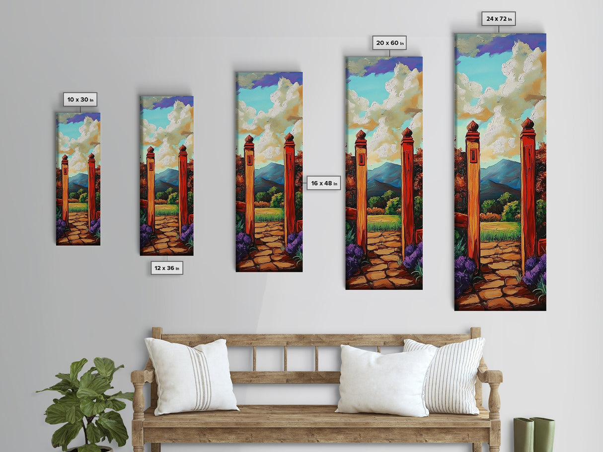 Country Gate, Meadow, Rustic Garden Landscape Framed Canvas Print, Farmhouse Wall Art, Autumn Entryway Decor, Peaceful Nature Scene