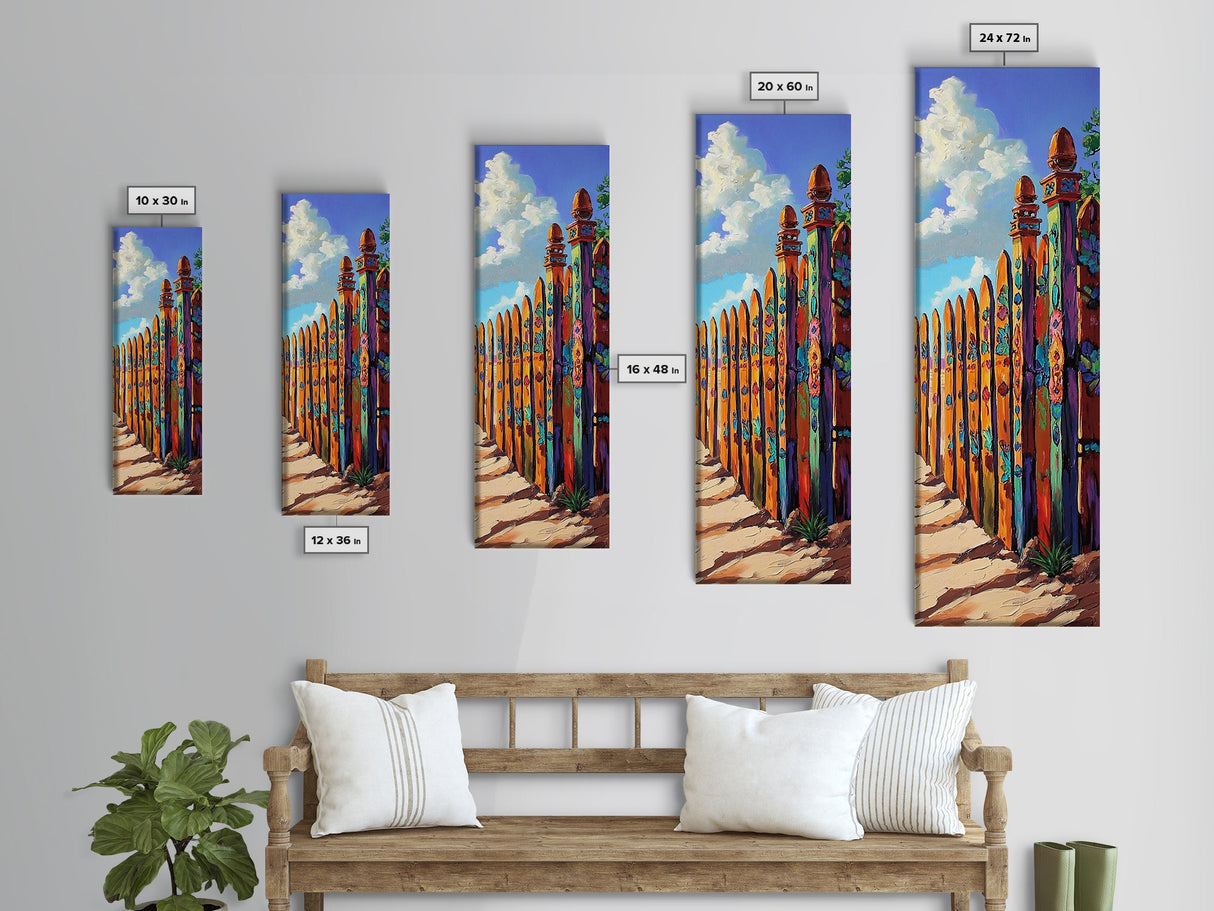 Fence Desert, Colorful, Southwest Boho Vibes Framed Canvas Print, Rustic Living Room Art, Eclectic Wall Decor, Vibrant Folk Style