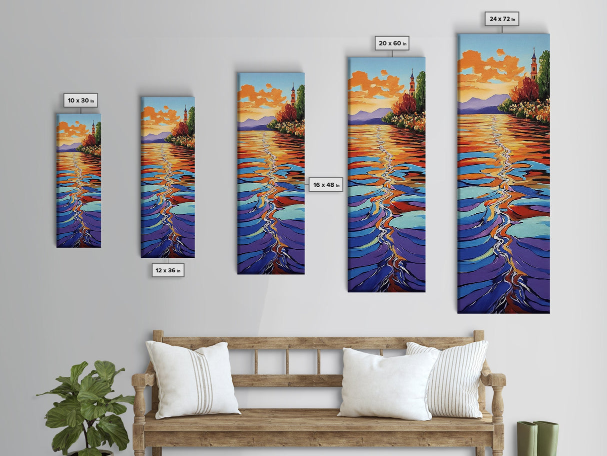 Sunset Water, Church View, Serene Horizon, Framed Canvas Print, abstract water reflections, spiritual art, peaceful living room wall decor