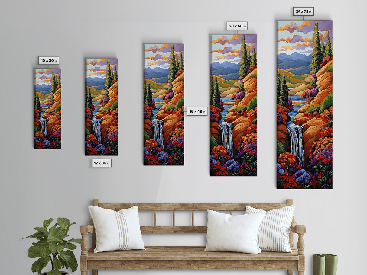 Autumn Waterfall, Flowers, Pathway, Framed Canvas Print, fall waterfall art, floral canyon decor, rustic landscape, living room wall art