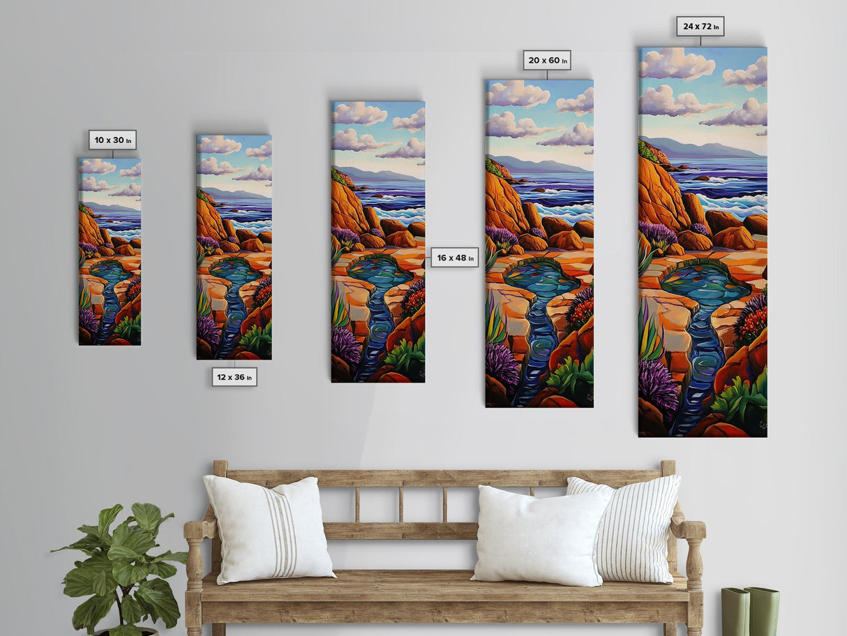 Waves Rocks, Ocean, Pastel, Framed Canvas Print, Crashing wave pastel seascape painting, calming ocean wall decor, coastal home design
