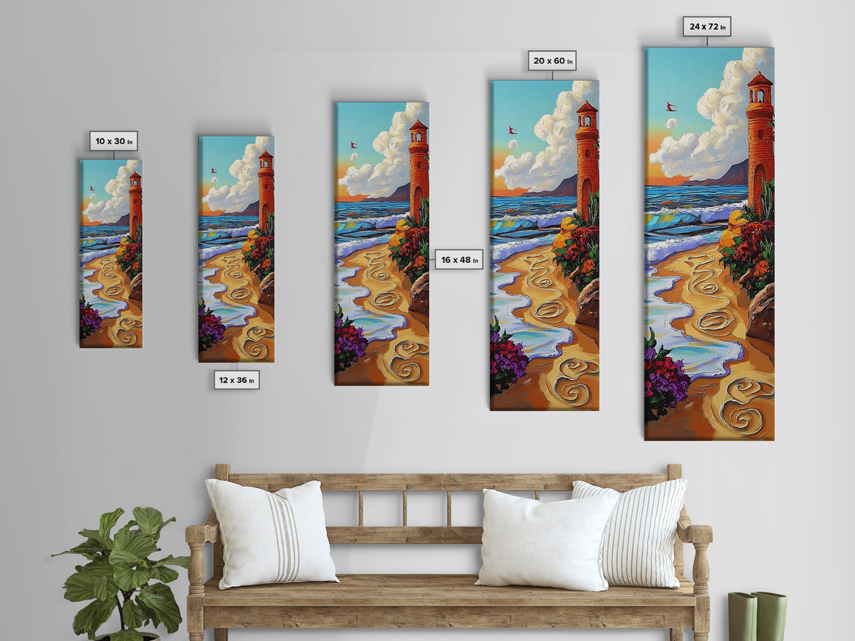 Lighthouse Beach, Nautical, Sunset Glow Framed Canvas Print, Ocean Wall Art, Coastal Living Room Decor, Seaside Boho Painting