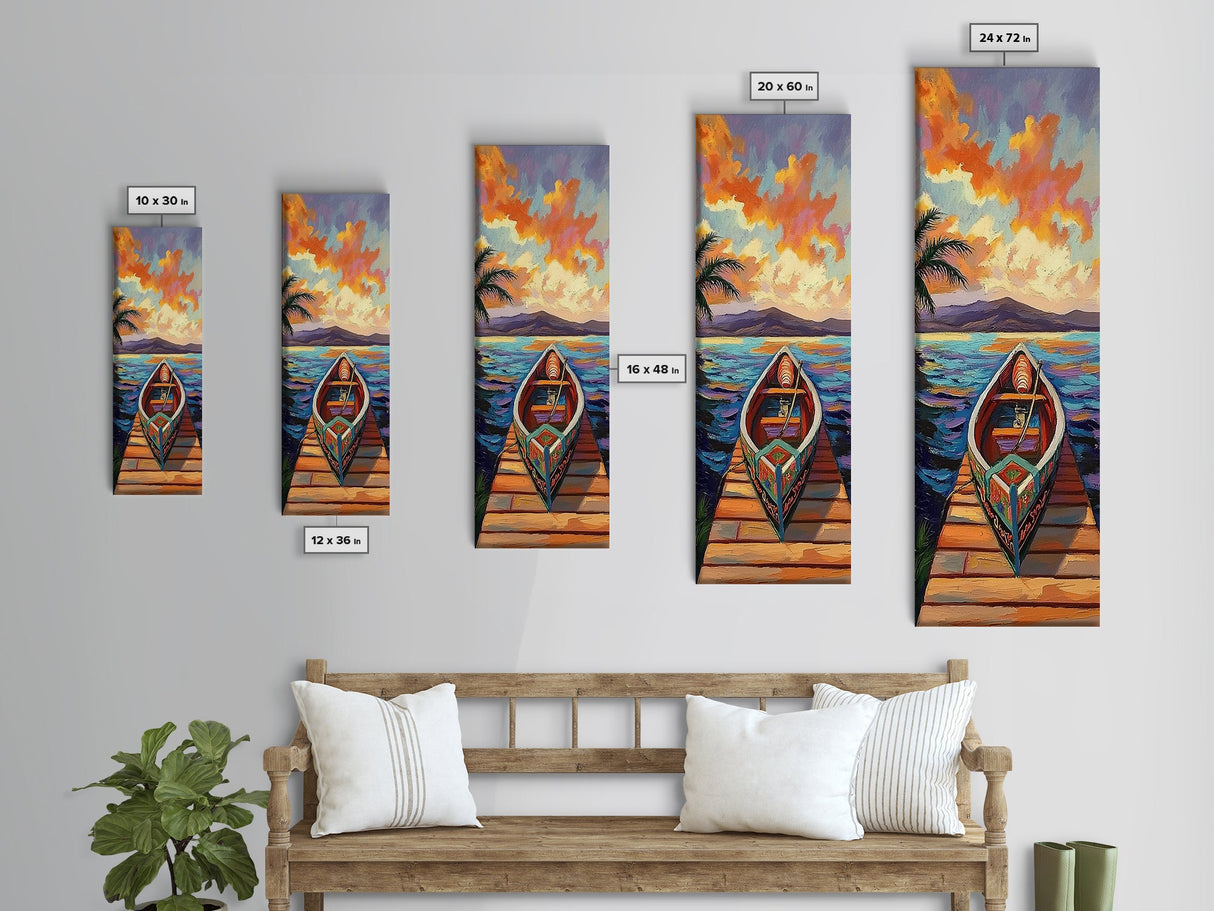Tropical Boat Sunset Painting, Canvas Print coastal boat art, Caribbean vibe, boho beach house decor, entryway or bathroom wall piece