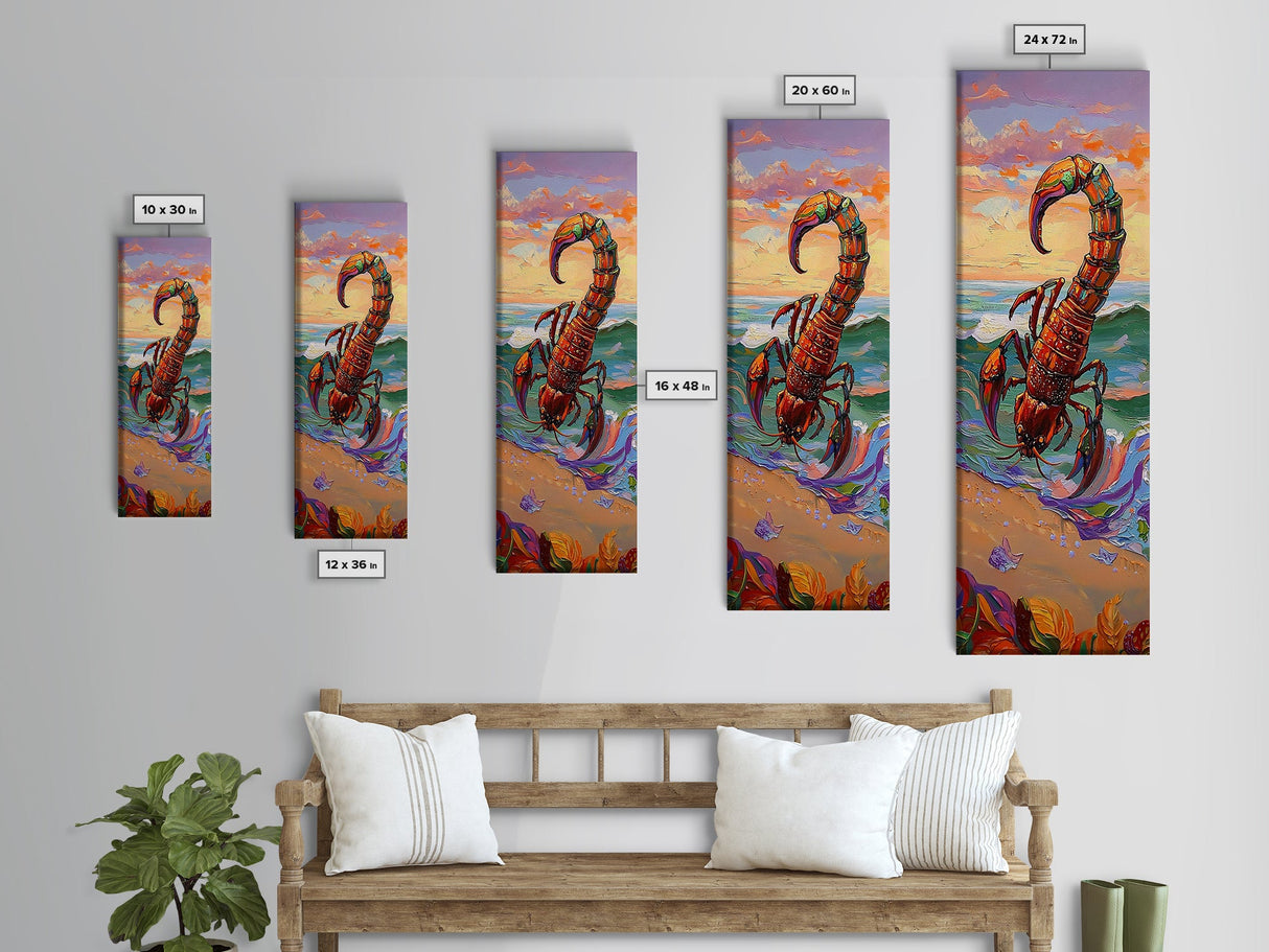 Scorpion Ocean, Sunset, Framed Canvas Print, Bold Coastal Wall Art, Beach Bedroom Decor, Vibrant Nautical Style, Surreal Animal Artwork