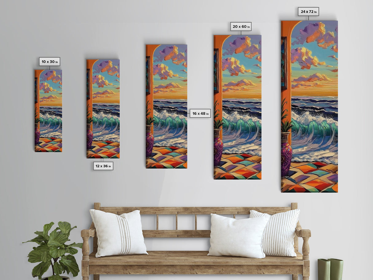 Waves Archway, Ocean, Framed Canvas Print, Coastal Wall Art, Colorful Boho Living Room Decor, Mediterranean Beach Home Accent Piece