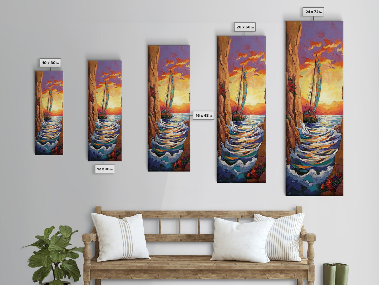 Sailboat Sunset, Cliff, Canvas Print, Vibrant Nautical Wall Art, Boho Coastal Decor, Adventure Beach House Living Room Statement