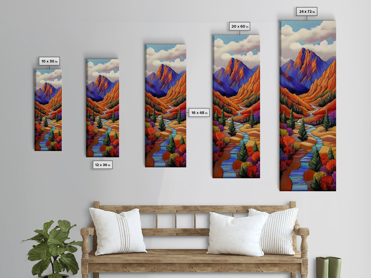 Autumn River, Bold Mountains, Canyon, Nature Wall Decor, Framed Canvas Print, Fall Living Room Art, Colorful Landscape Style