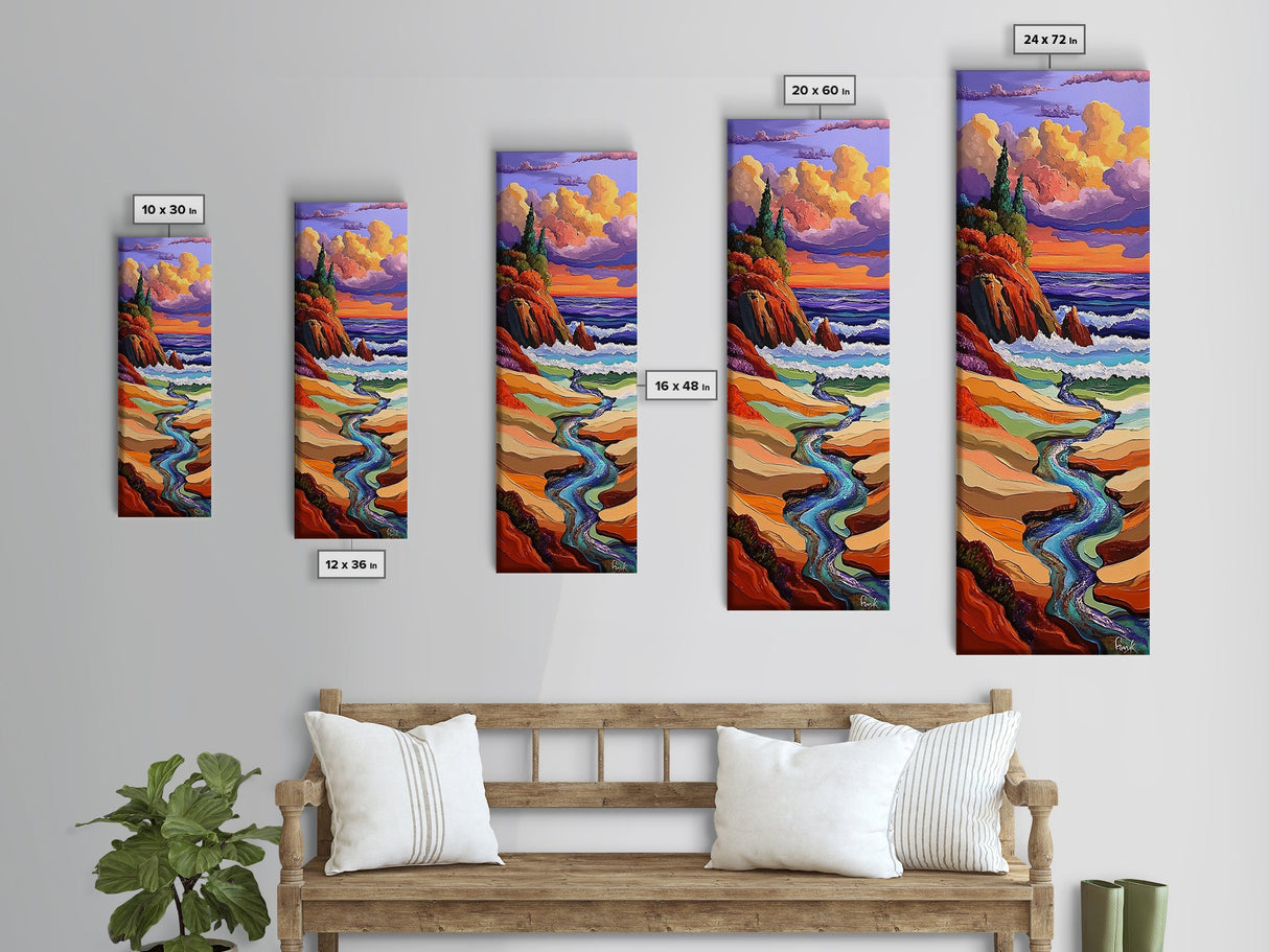 Sunset Coast, Stream Meets Ocean, Abstract Nature, Framed Canvas Print, Fall Wall Art, Colorful Beach Living Room Decor