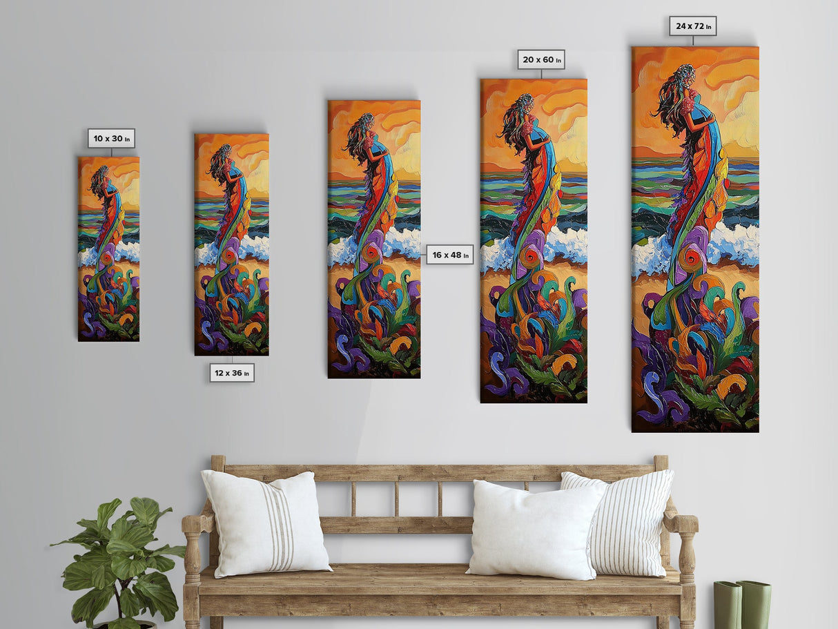 Mother Ocean, Rainbow, Canvas Print, Colorful mother nature figure by ocean painting, whimsical spiritual art, meditation room wall art